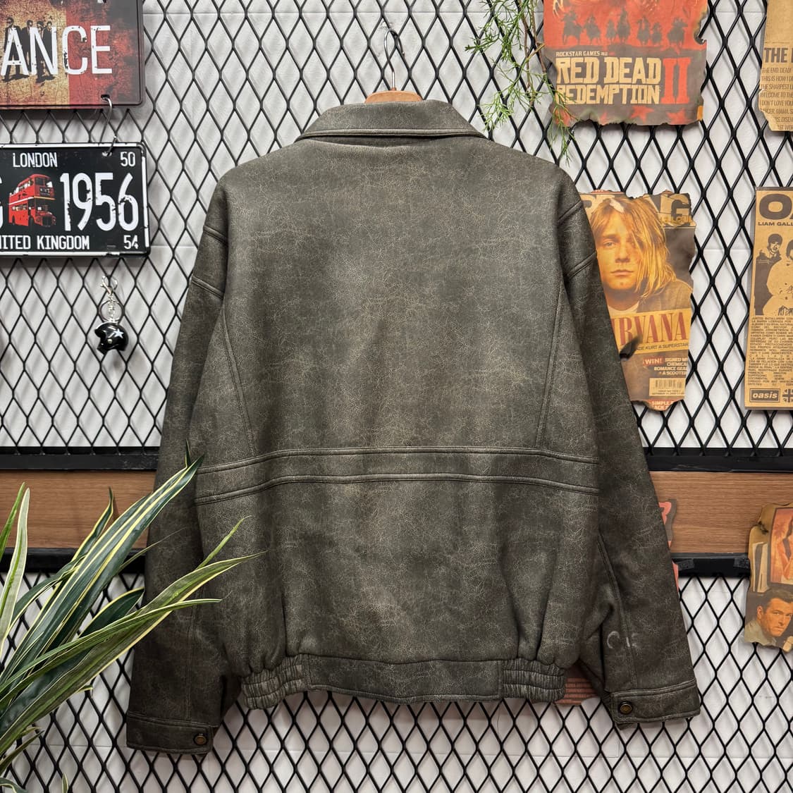 JPN VINTAGE 크랙 레더 자켓 루즈핏 투포켓 디테일 카키 상품이미지2