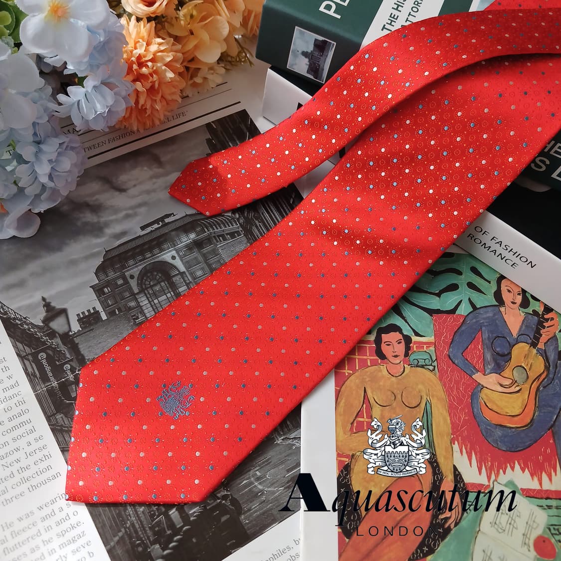 아쿠아스큐텀 실크 다홍 도트 패턴 넥타이 8.8cm S~A+등급 E934 상품이미지1