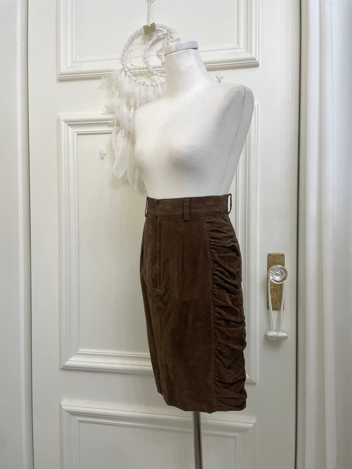 brown suade side shirring midi skirt 상품이미지2