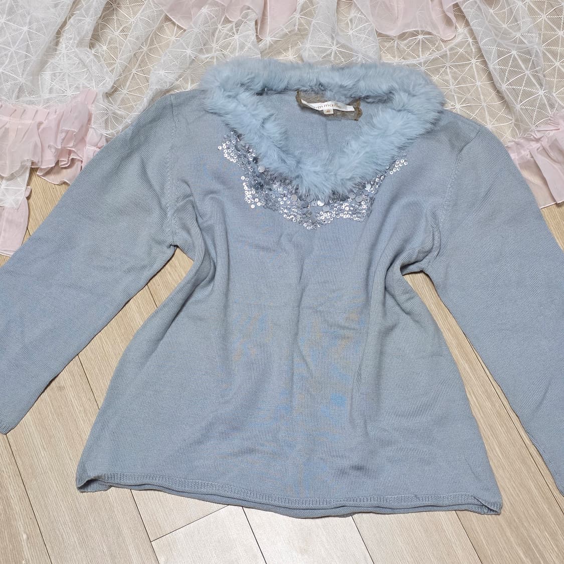 일본빈티지)스나계st 로맨틱 밍크퍼 스팽클 블루 니트 상품이미지3