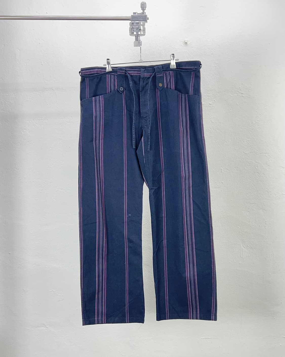 디젤 네이비 드리즐 와이드 드로우 스트라이프 코튼 팬츠 상품이미지1