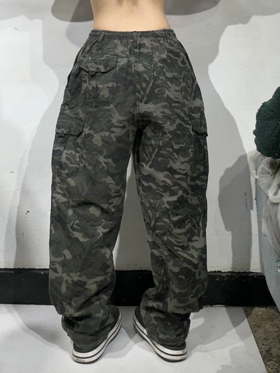 일본 빈티지 카키 카모 밀리터리 와이드 카고 팬츠 L 상품이미지3