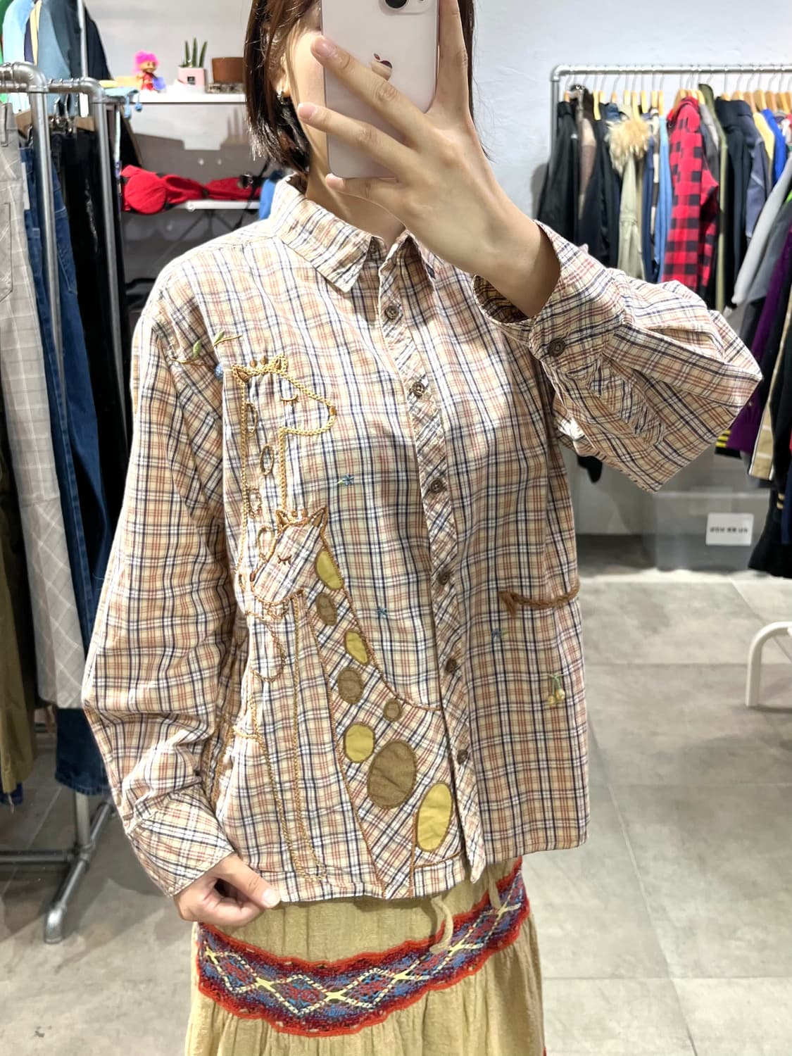 일본 빈티지 모리걸 기린자수 체크 셔츠 상품이미지1