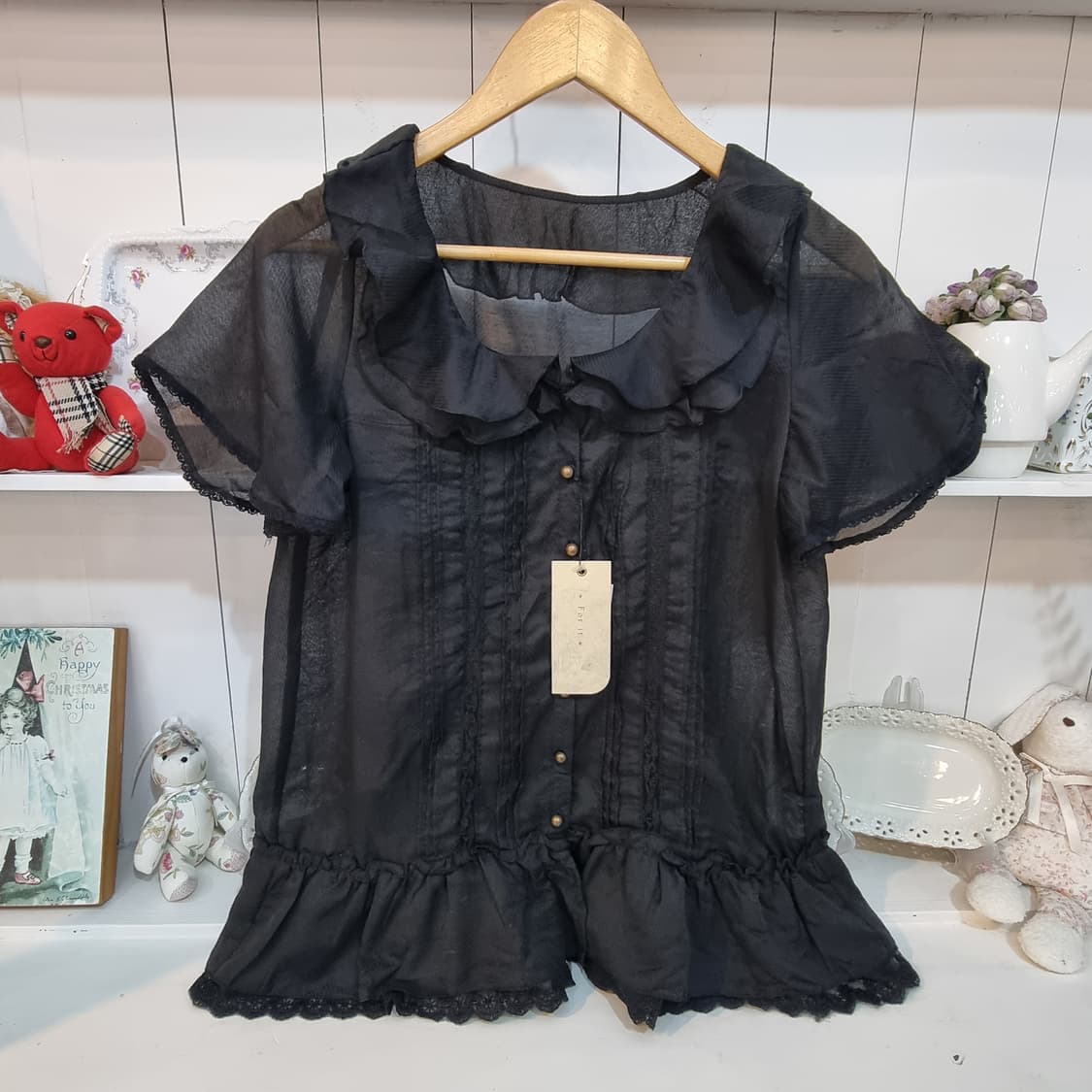 블랙 시스루 프릴 블라우스 상품이미지2