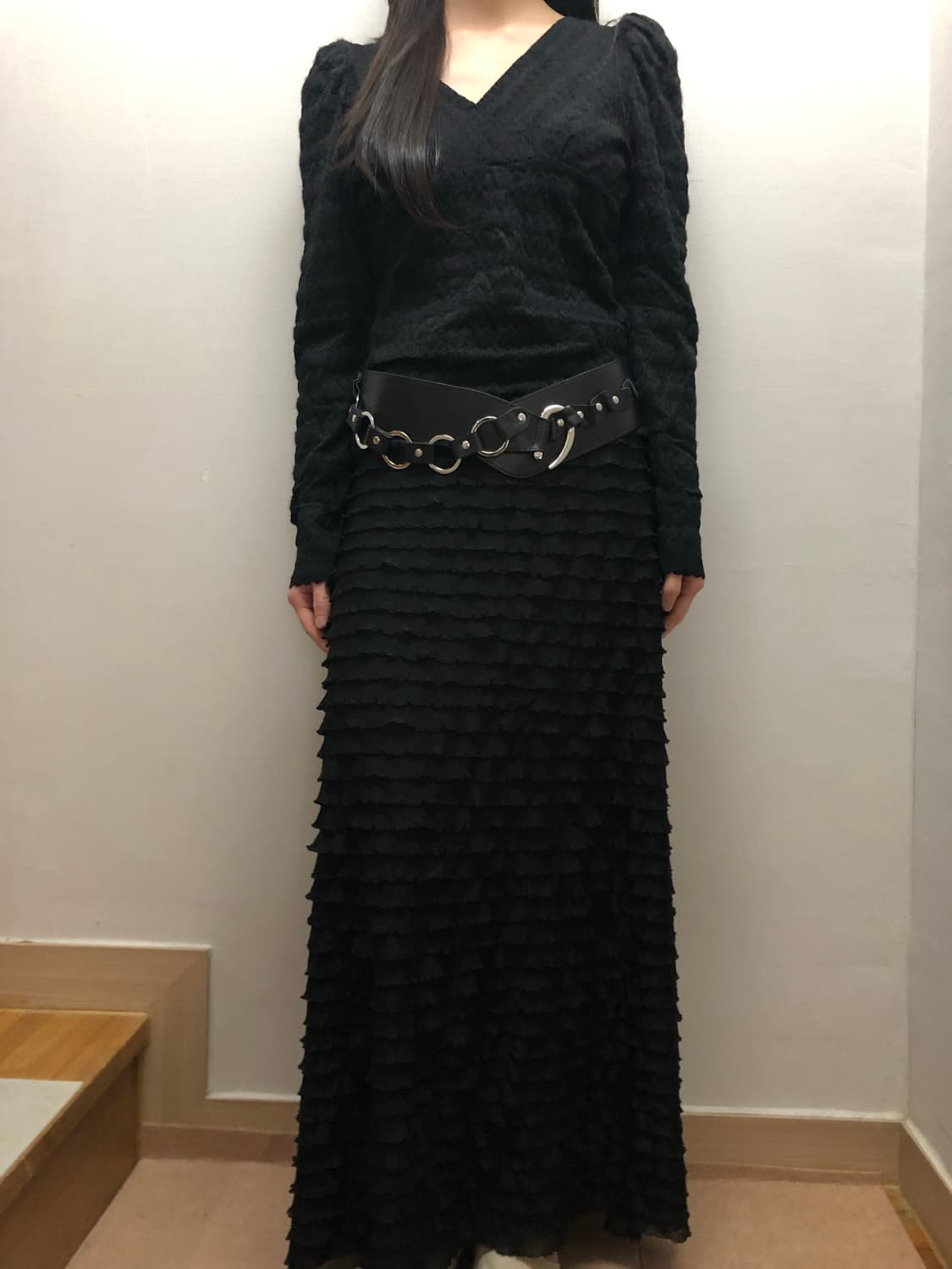 빈티지 블랙 프릴 롱 스커트 상품이미지3