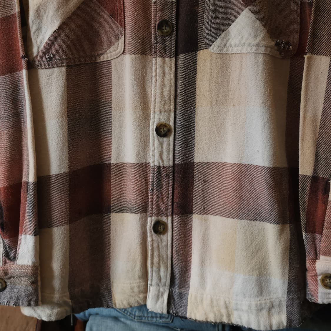 90s 빈티지 체크셔츠 헤비 플란넬 워크셔츠 썬페이딩 셔츠 투포켓 M 상품이미지7