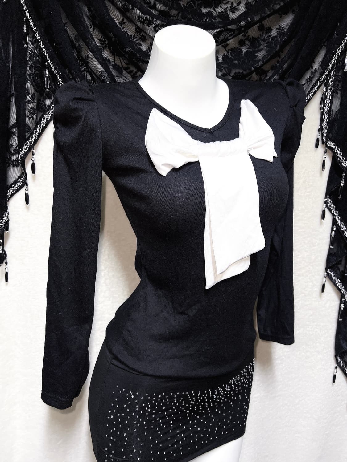 로맨틱고딕 고스 오네갸루 히메 왕리본 퍼프숄더 미니원피스 섹시 연말 파티 상품이미지2