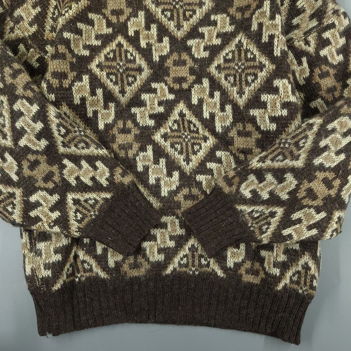 빈티지 브라운 베이지 멀티컬러 에스닉 패턴 퓨어울100 라운드넥 니트 상품이미지5