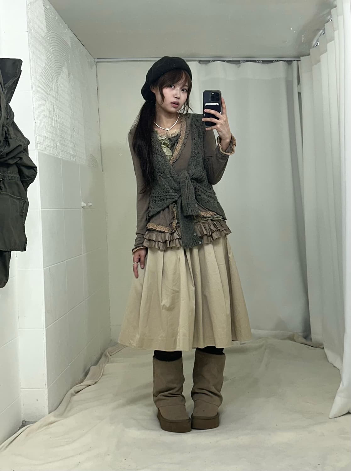 카키 그런지 히피모리 야상 코디세트 상품이미지2