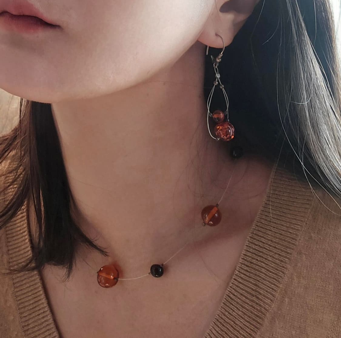 🇺🇸925실버 앰버 원석 앤틱 목걸이 귀걸이 세트 상품이미지3