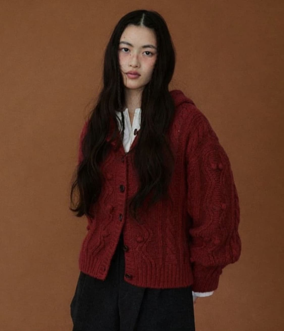 호와스 엔젤 후드 꽈배기 가디건 레드 (하루 단시간 착용) 정가 189, 상품이미지1