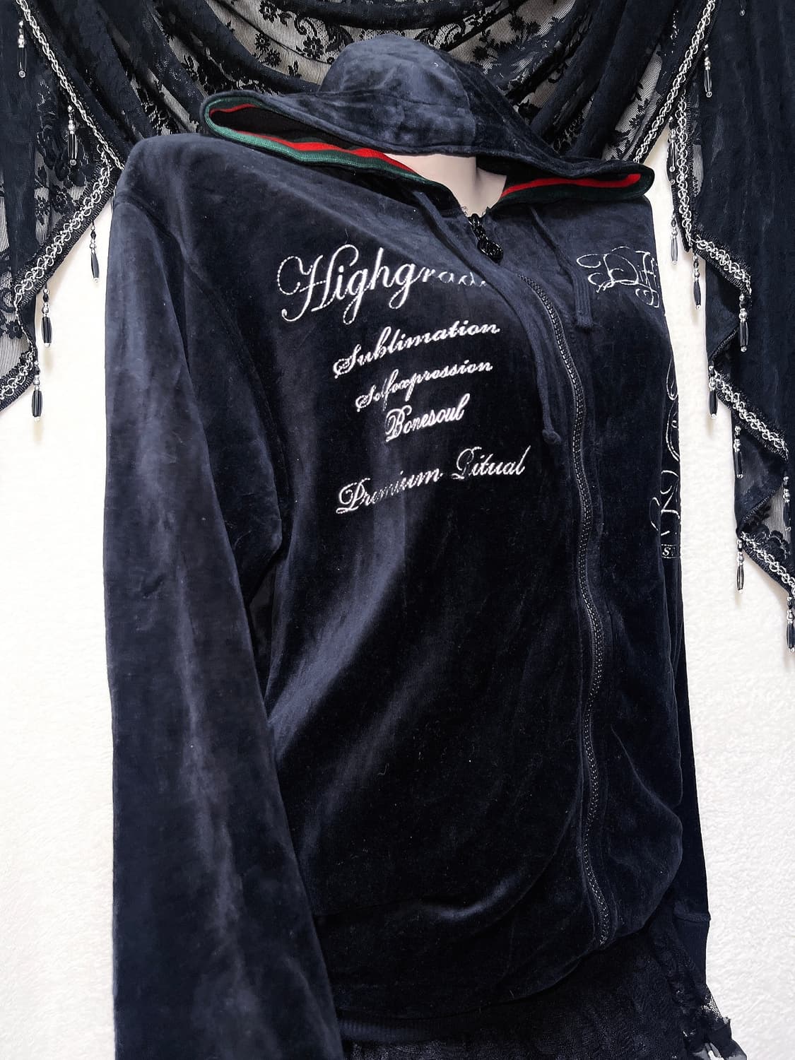 y2k 와투케 고스펑크 벨벳 레터링 후드집업 갸루 핀터 00s 일본빈티지 상품이미지5