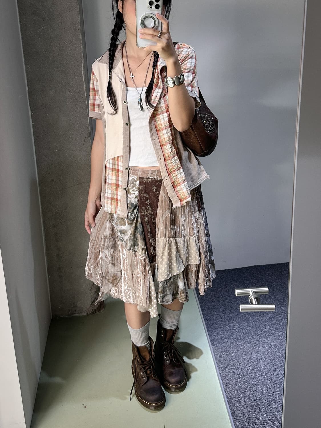 beige cotton check half shirt 상품이미지5