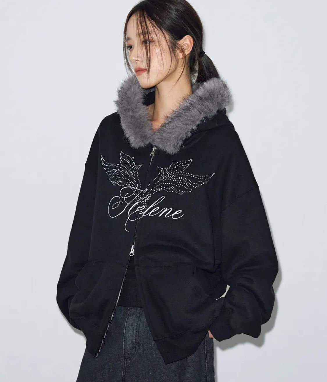 헬레네파리스 엔젤 레터링 퍼 트리밍 후드 집업 상품이미지1