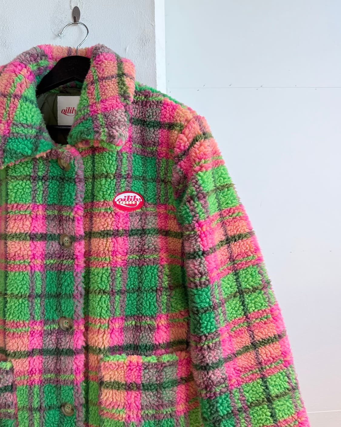 오일릴리 핑크 그린 체크 아크릴 플리스 자켓  상품이미지5