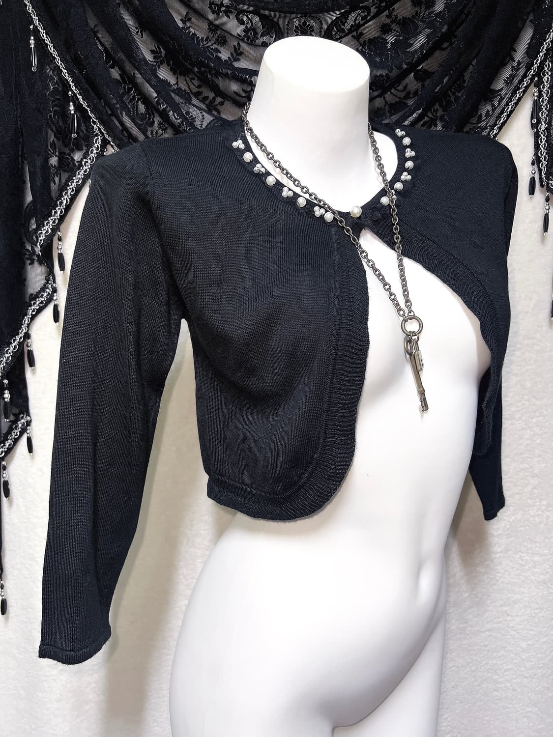 로맨틱갸루 로걀 고딕 고스로리 블랙 진주 크롭 볼레로 가디건 핀터 페어리 상품이미지3