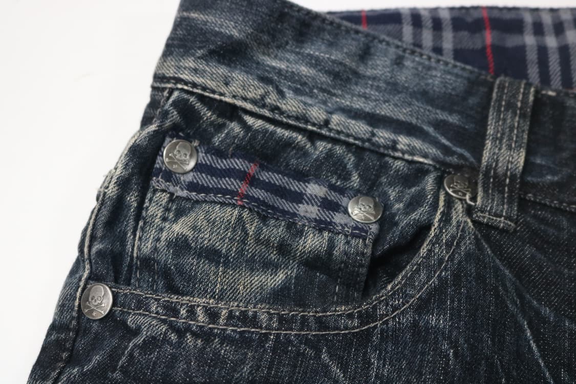 Wild Life 빈티지 스컬 버튼 체크 레이어드 디테일 데님 팬츠 상품이미지5