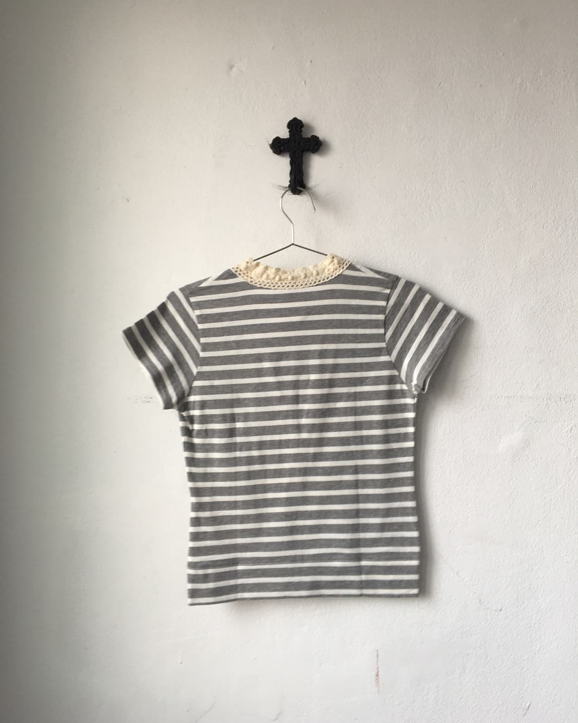 Crochet trimming stirpe pattern t shirt 상품이미지3