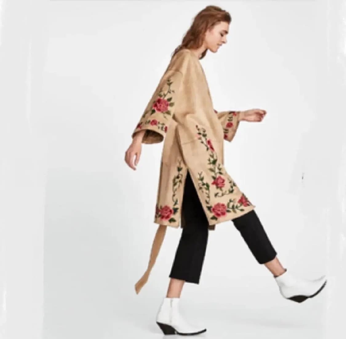 M) zara 자라 장미 자수 스웨이드 로브 코트 상품이미지1