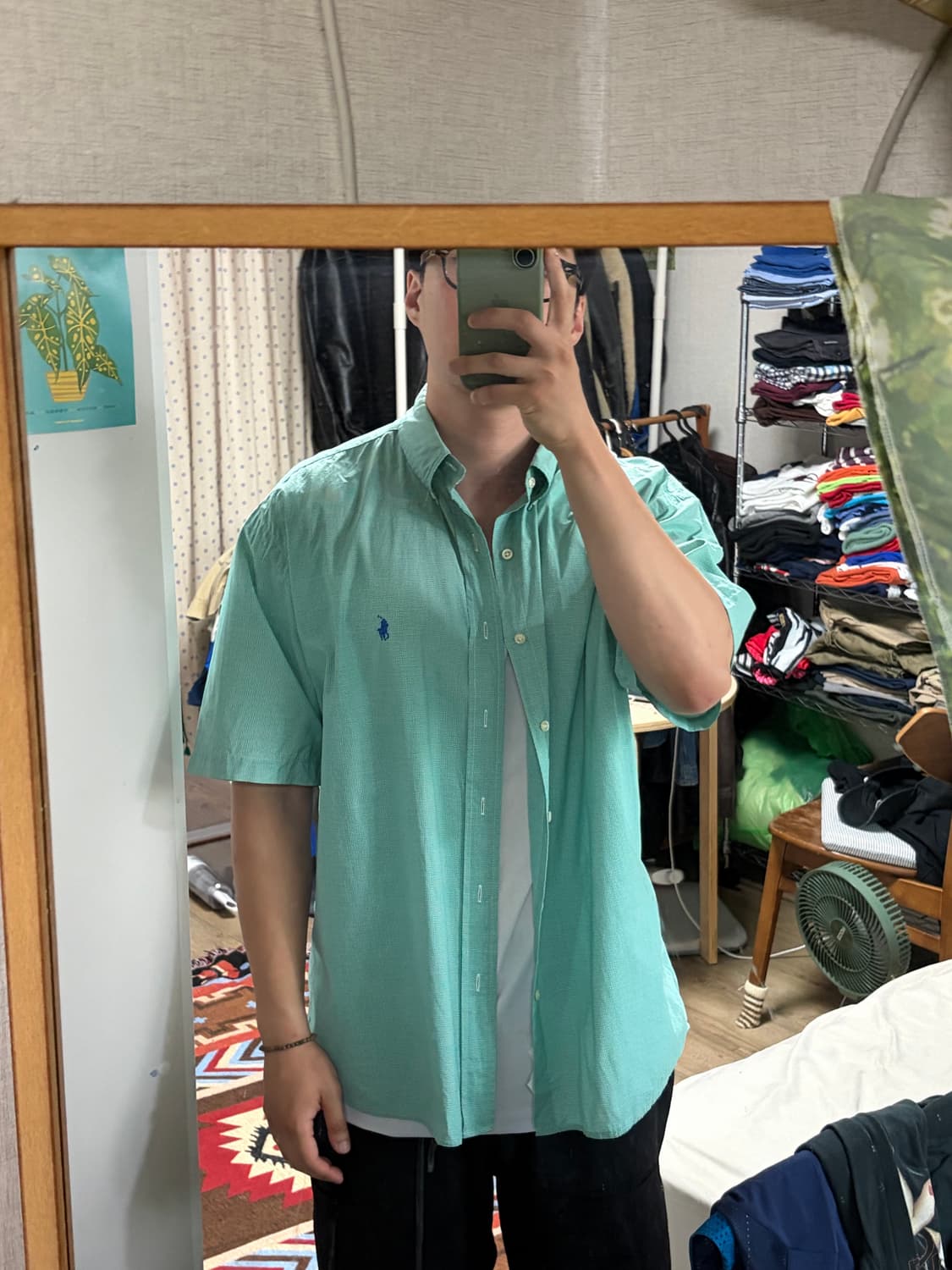 XL) 두산 폴로 랄프로렌 블레이크 피마코튼 깅엄 체크 반팔 셔츠 그린 상품이미지9