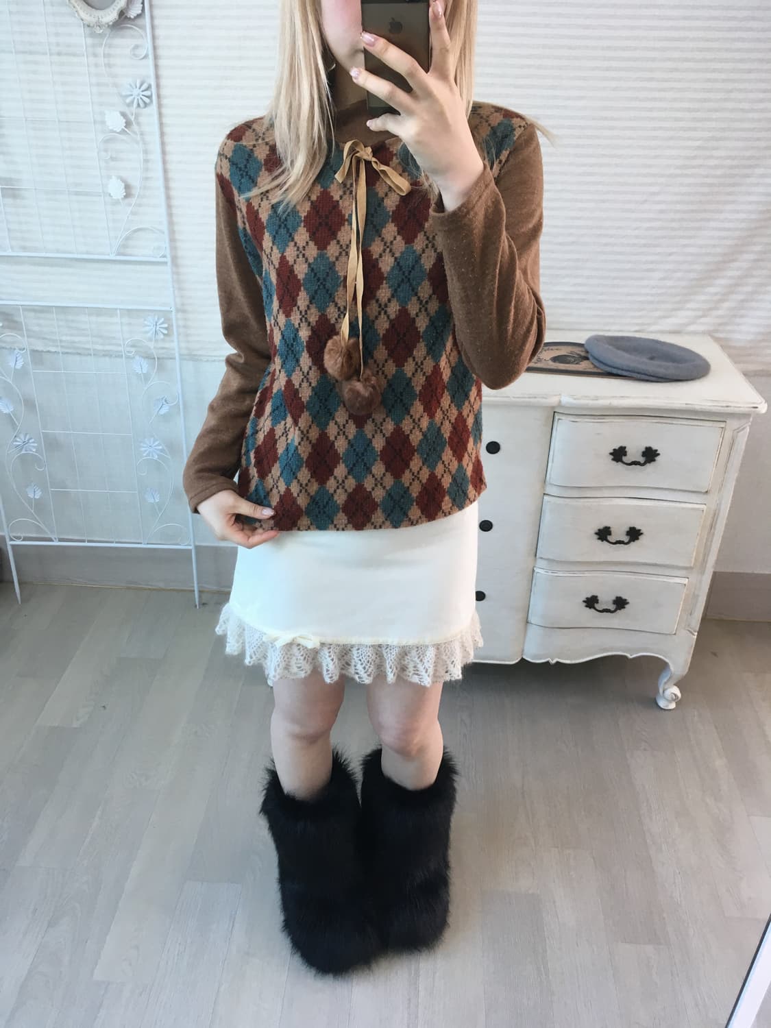 jpn vintage 아가일 폼폼 하프 폴라 니트 상품이미지2