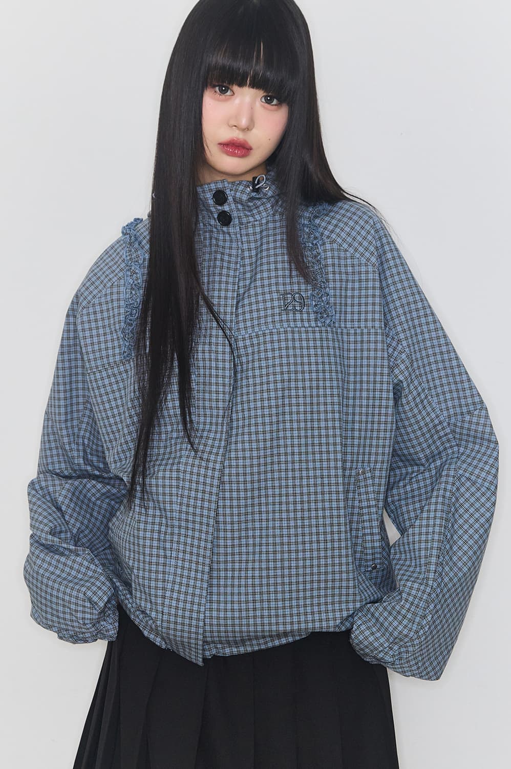 일리고 오블리크 프릴 후드 자켓 체크 블루 상품이미지2