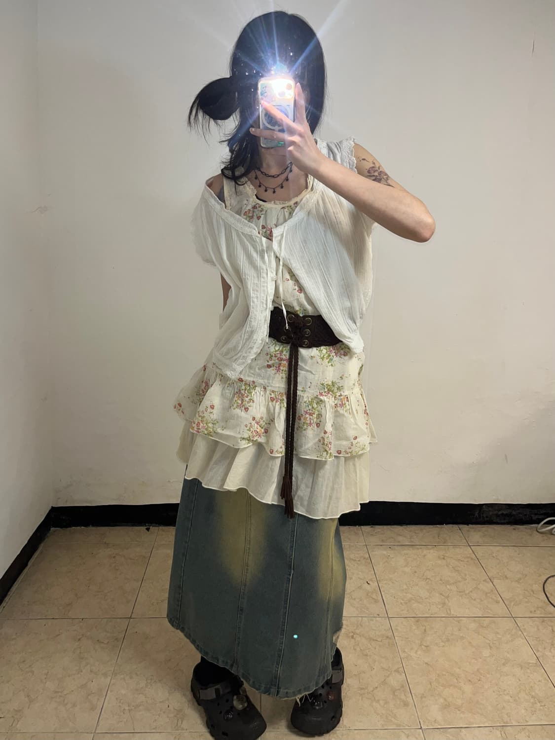 그런지 데님 데미지 롱 스커트 상품이미지4