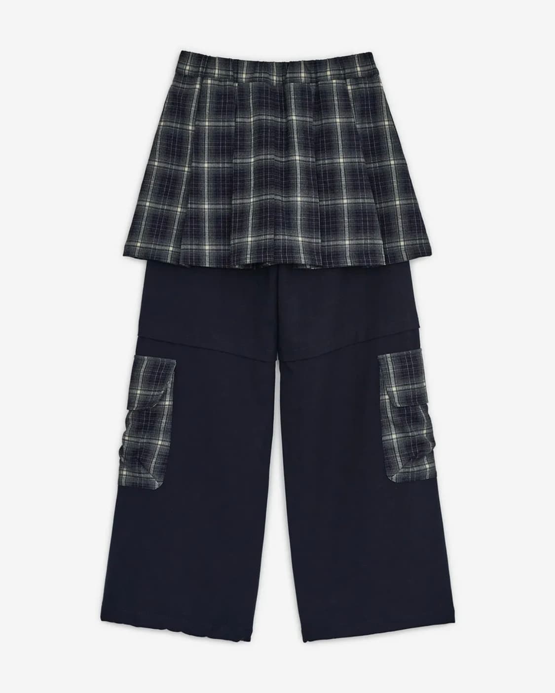 허그유어스킨 체크 스커트 레이어드 카고 팬츠 (블랙) 상품이미지2
