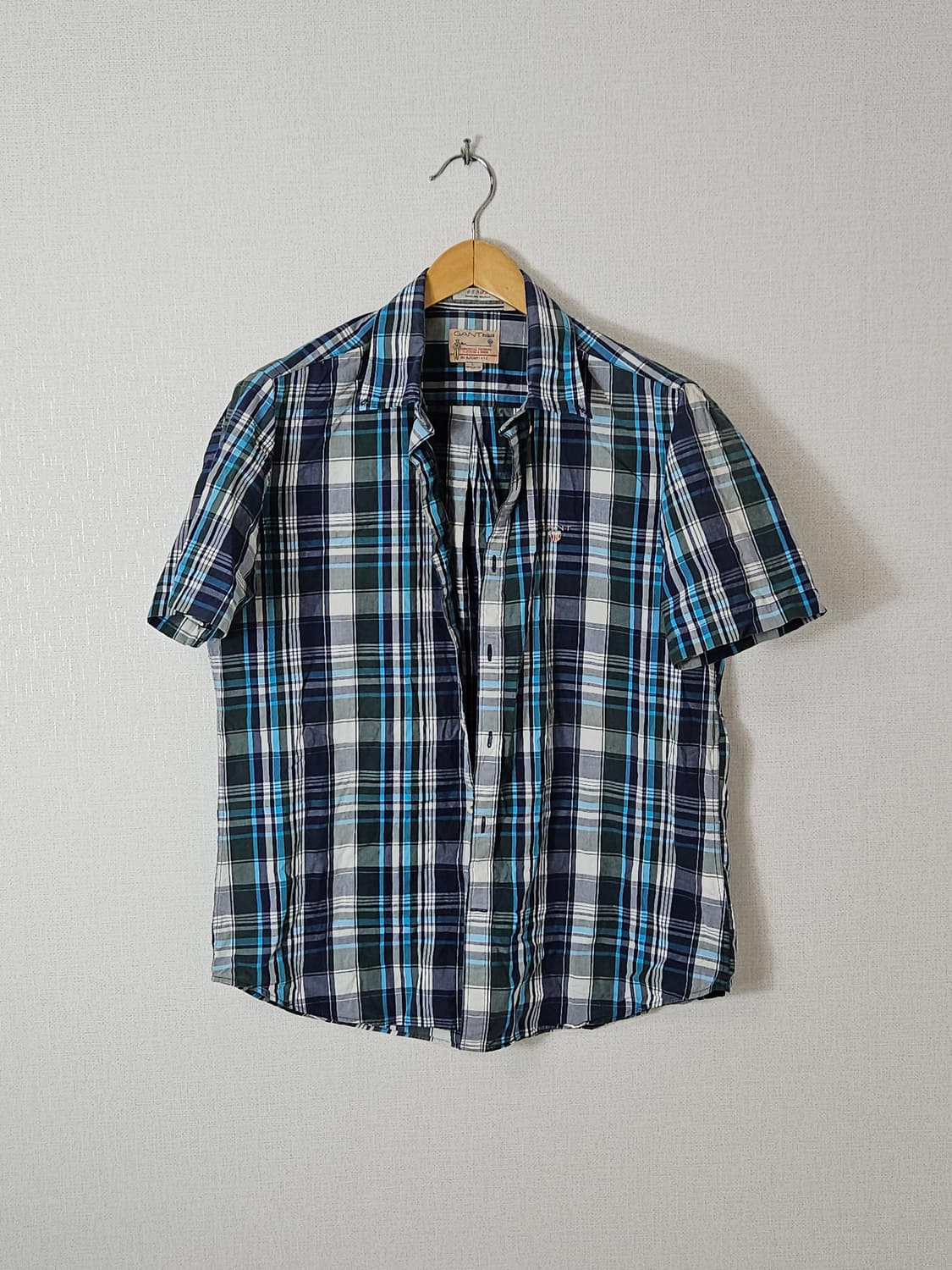 간트 GANT 반팔셔츠 체크 린넨 클래식 로고 그린블루 L 상품이미지1