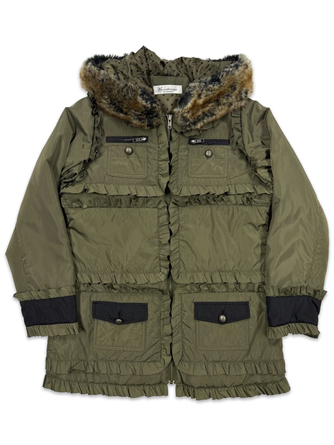 빈티지 Soobinie 카키 프릴 퍼 후드 패딩 상품이미지1