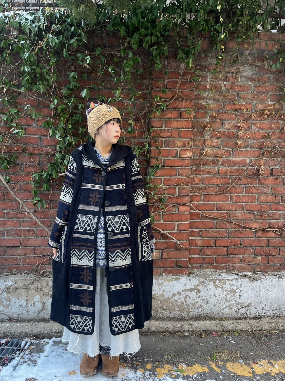 블랙 겨울패턴 후드 롱 코트 상품이미지4