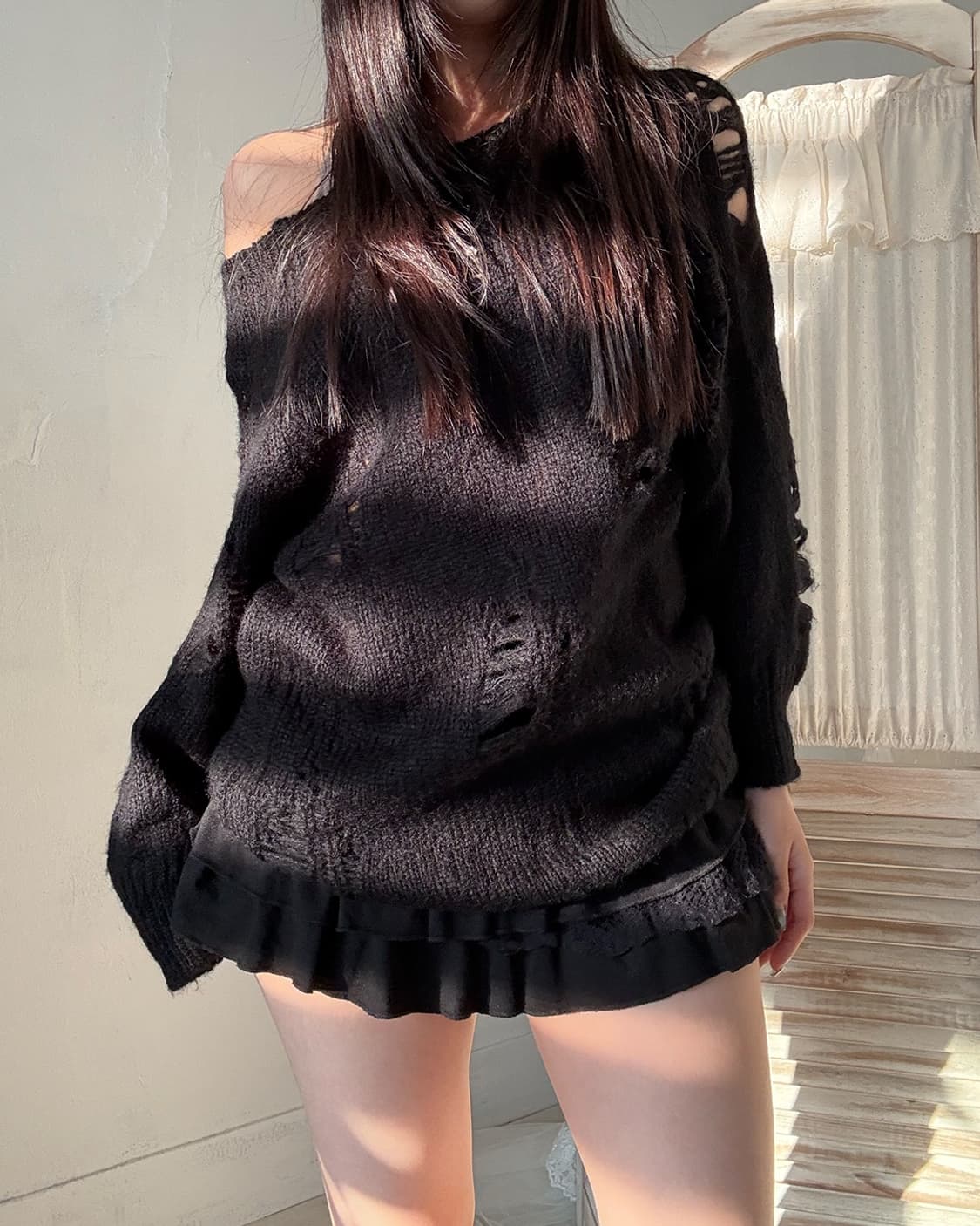 Demage detail black knit 상품이미지2