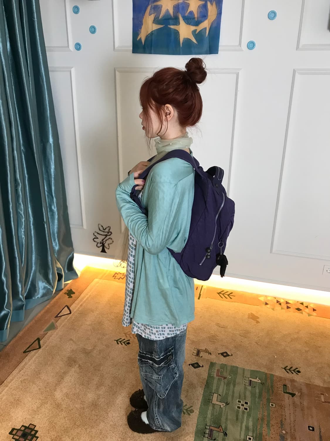페일 민트 컬러 가디건과 귀여운 데님 벌룬팬츠 조합𖧧𓂃˖₊🫧🍵 상품이미지1