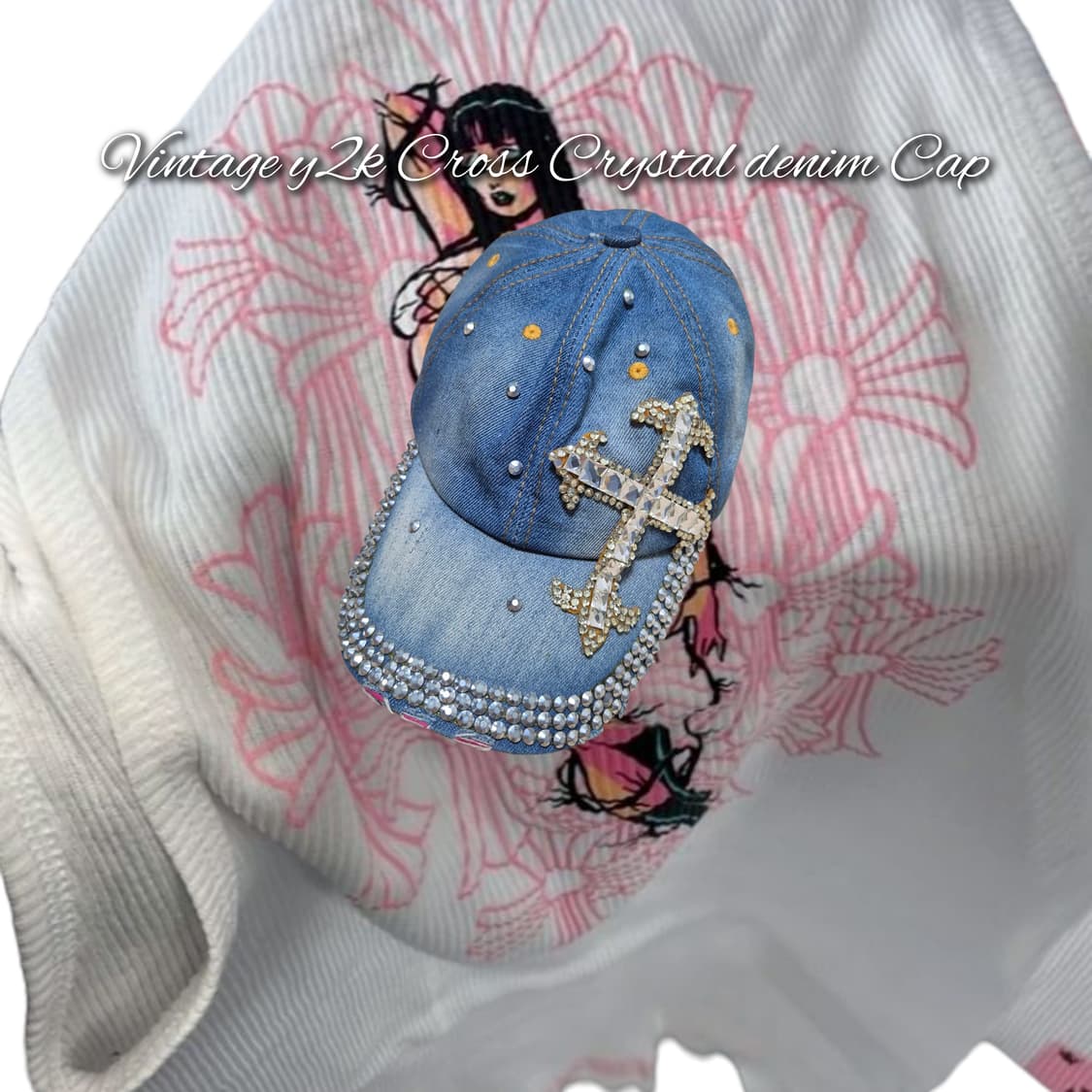 Vintage y2k Cross Crystal denim Cap 상품이미지1