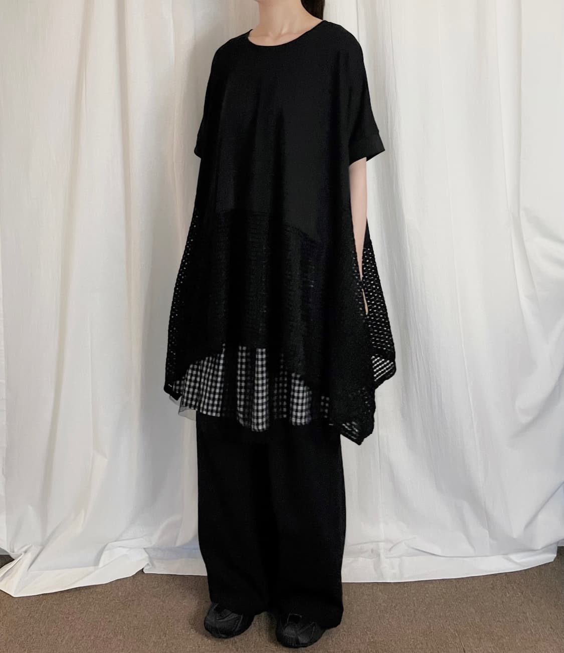 Gingham Chiffon Midi Skirt - Black 상품이미지2