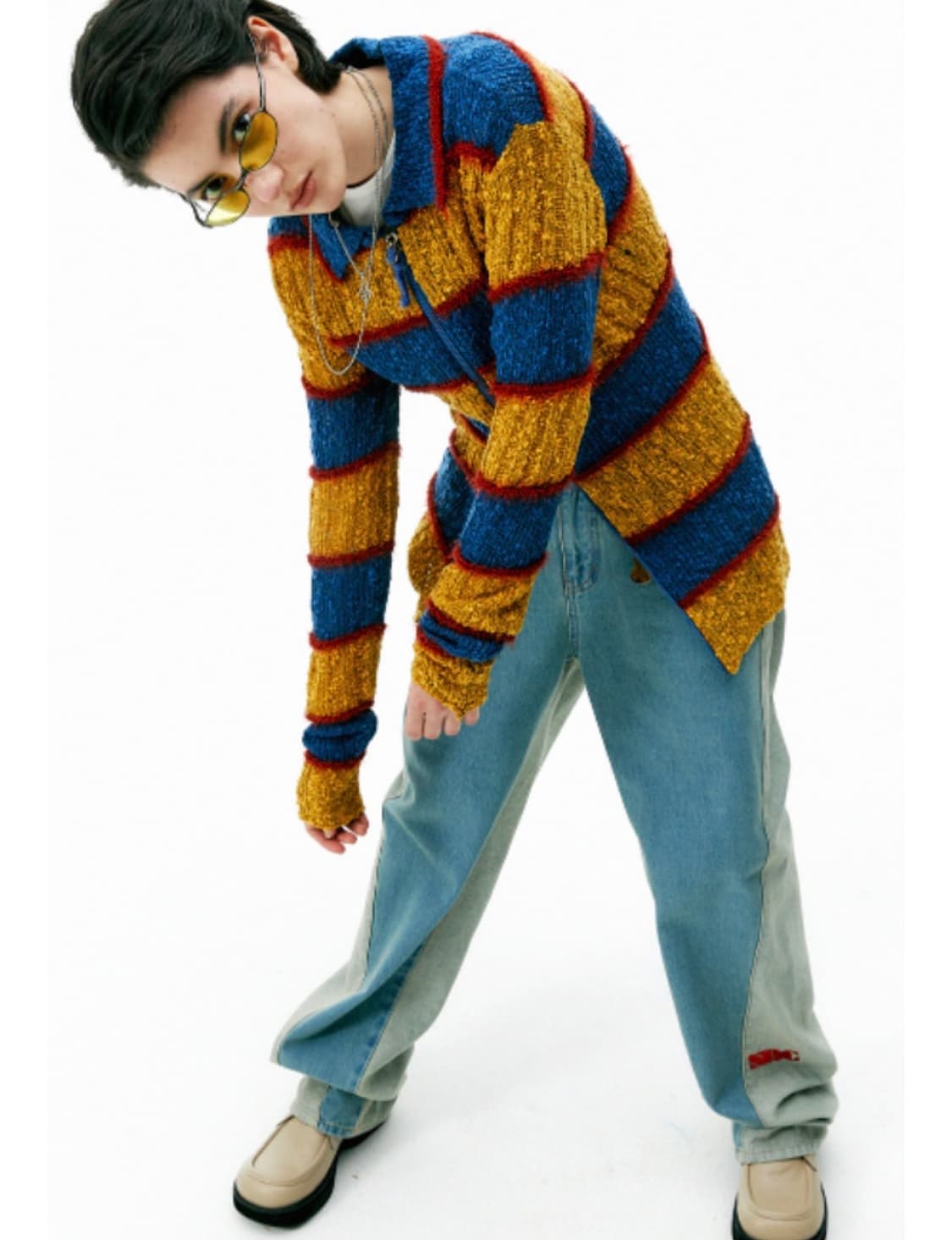 Mixed Yarn Collared Cardigan Yellow/Teal 상품이미지3