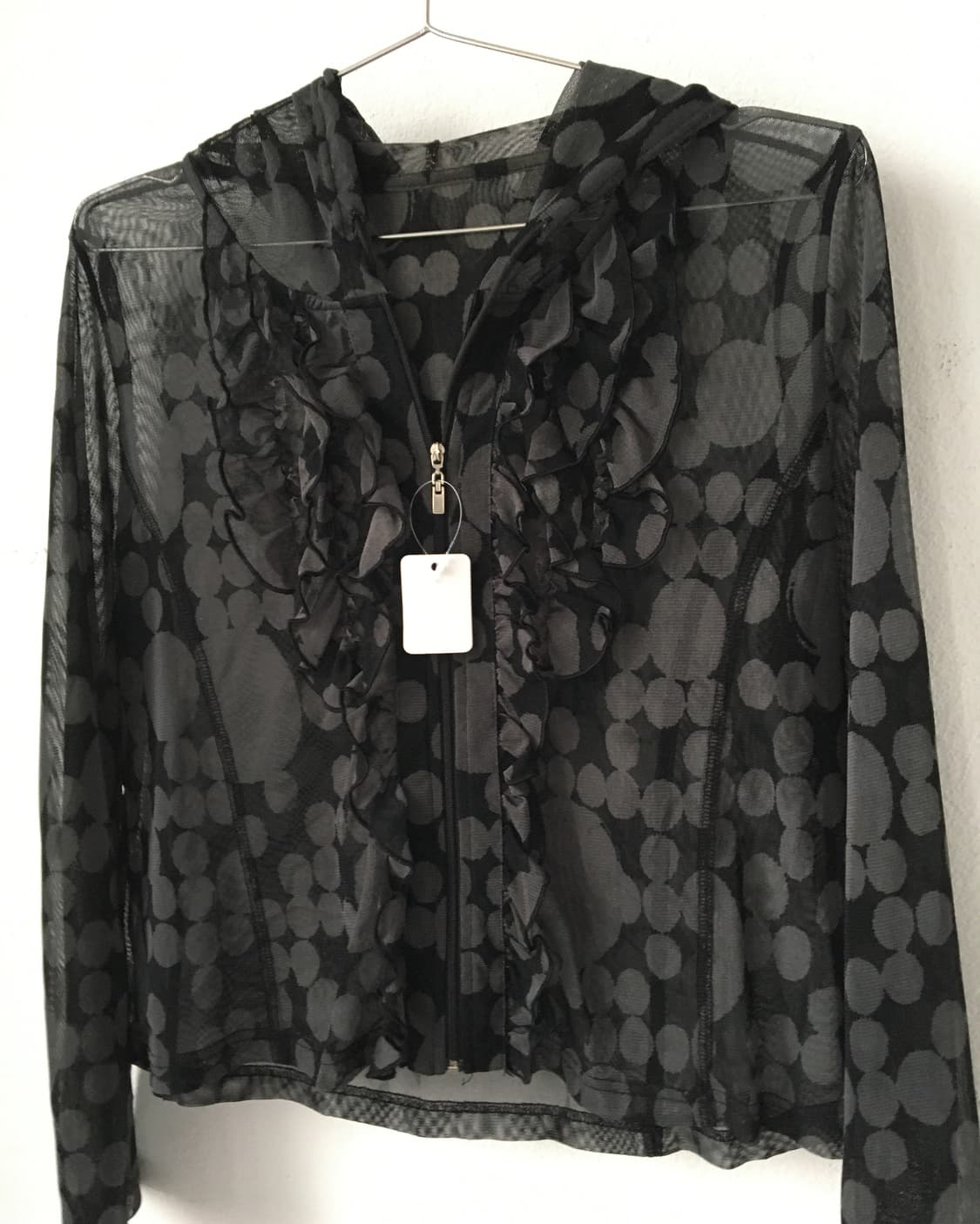Dot pattern mixed frill hood mesh zip up 상품이미지3