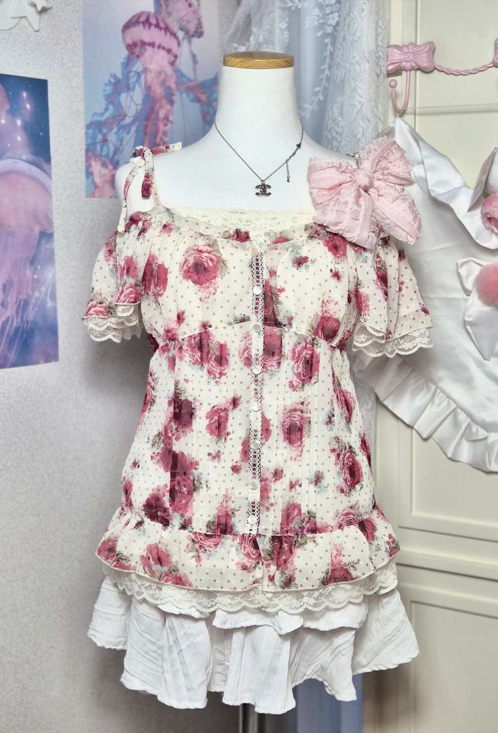 도트 플로럴 레이스 오프숄더 히메카지 히메갸루 3세트 리즈리사깔 상품이미지1