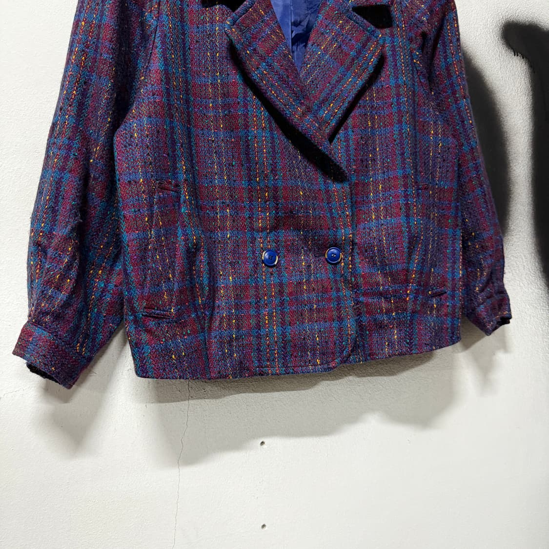 VTG 빈티지 울 100% 체크 패턴 트위드 더블 자켓 상품이미지4