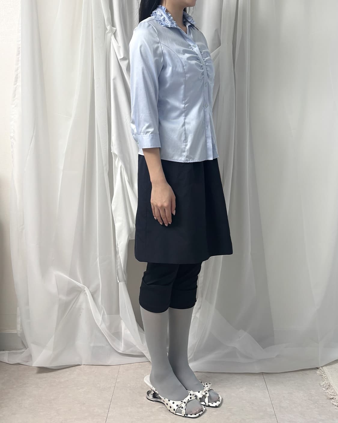 NARACAMICIE 스카이블루 프릴 칼라 7부 소매 슬림 셔츠 상품이미지8