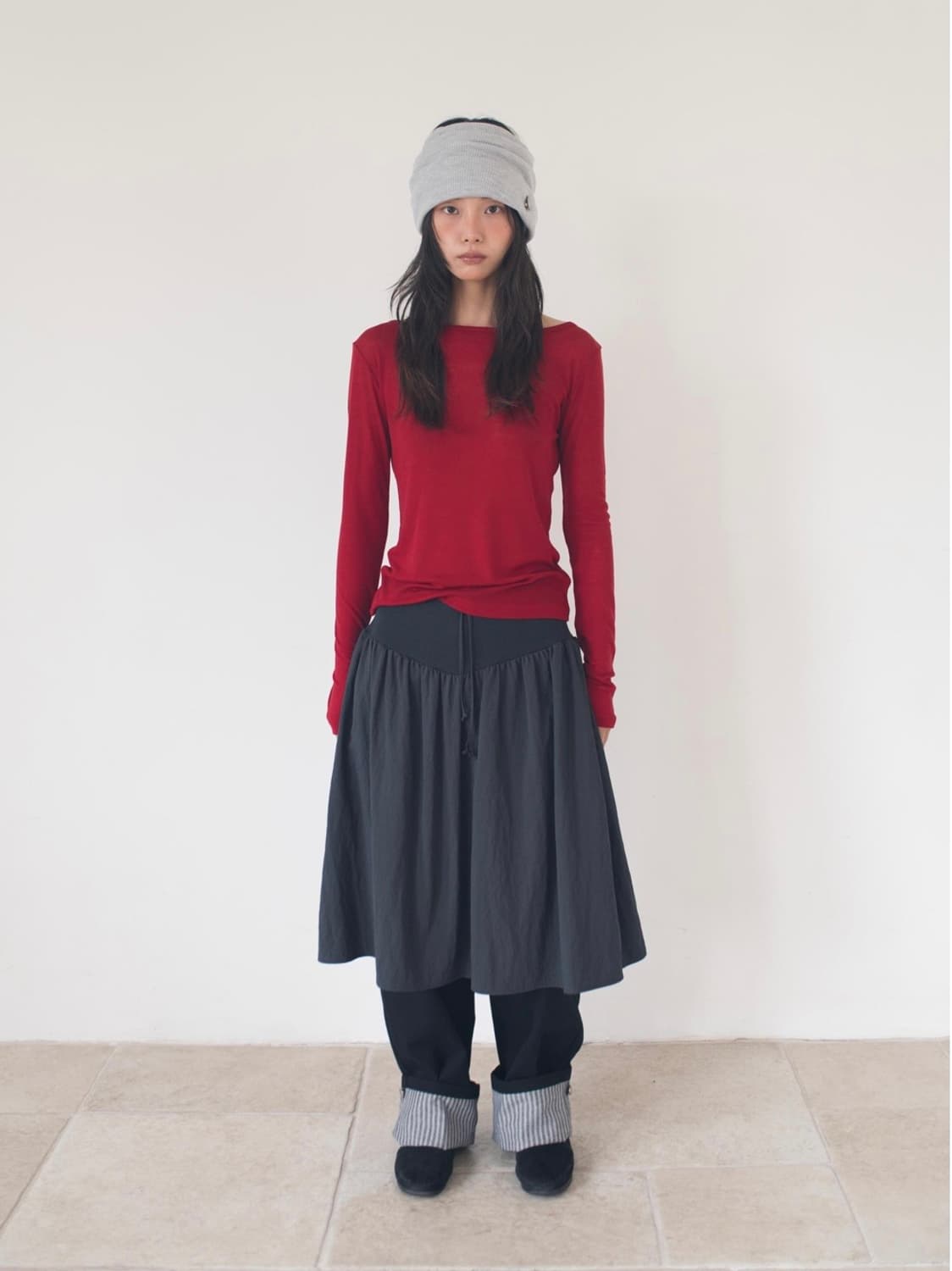 온스카 FLARE RIB SKIRT (CHARCOAL) 플레어 스커트 상품이미지1