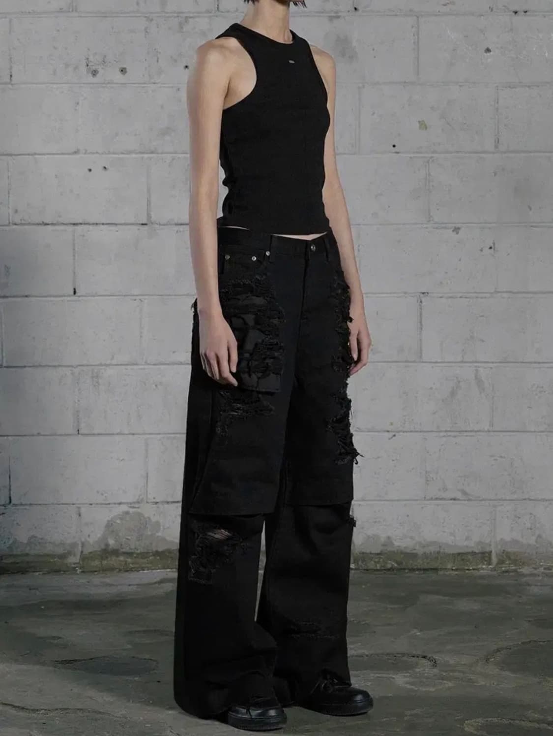 보헤미안서울 니 오픈 와이드 데미지 팬츠 블랙 상품이미지1