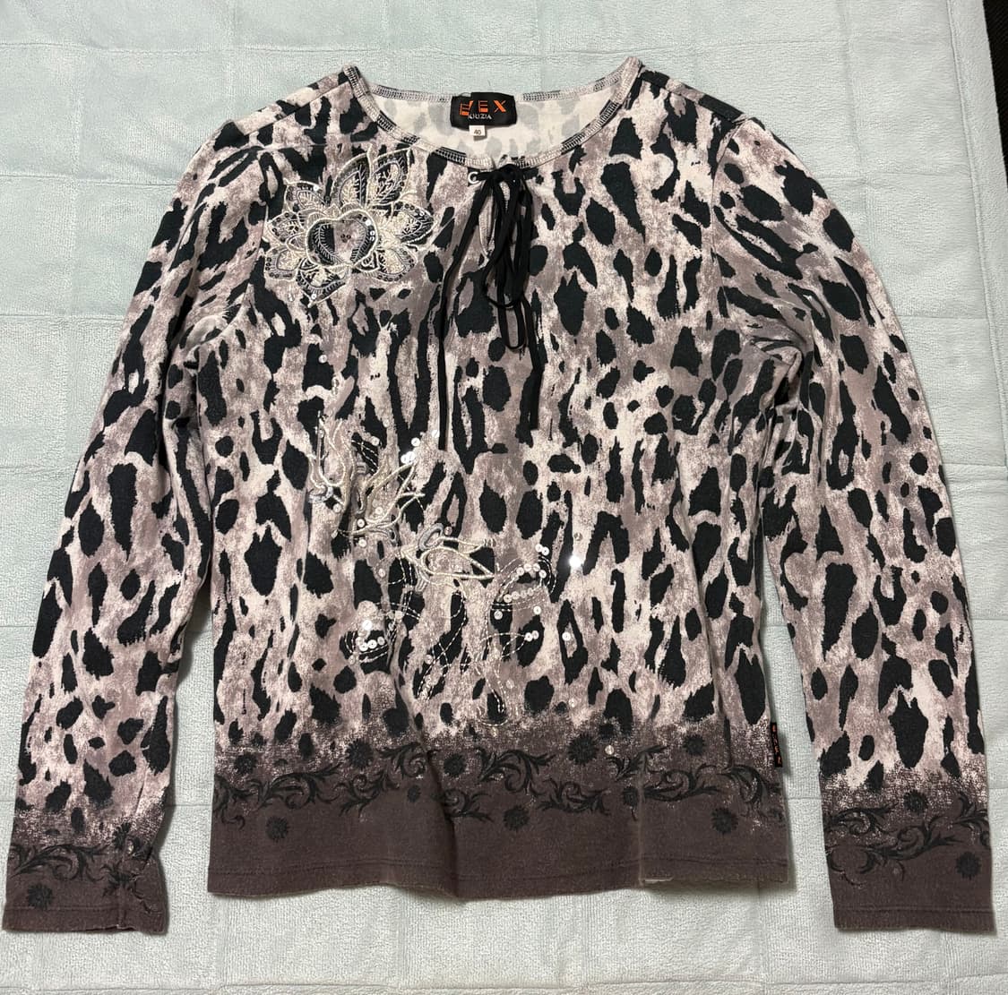 빈티지 갸루 레오파드 호피 리본 롱슬리브 딱붙티 오네갸루 쿠로갸루 상품이미지1