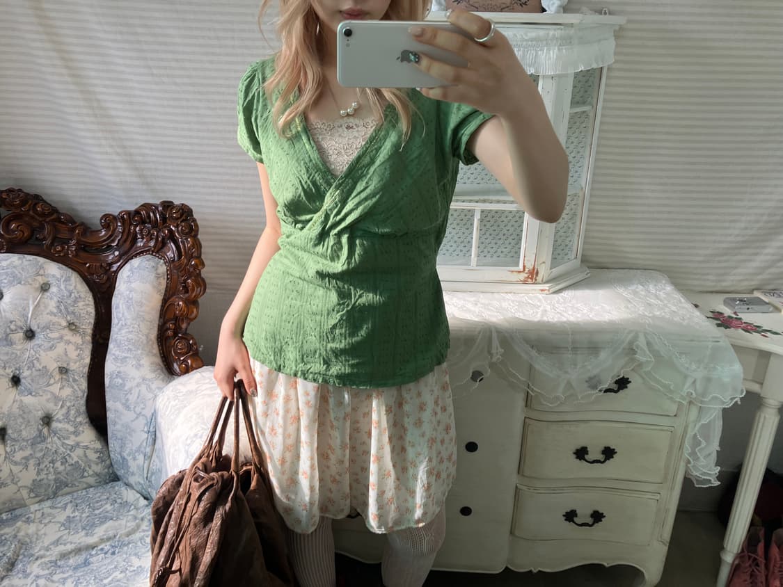 빈티지 그린 리본 블라우스 상품이미지3