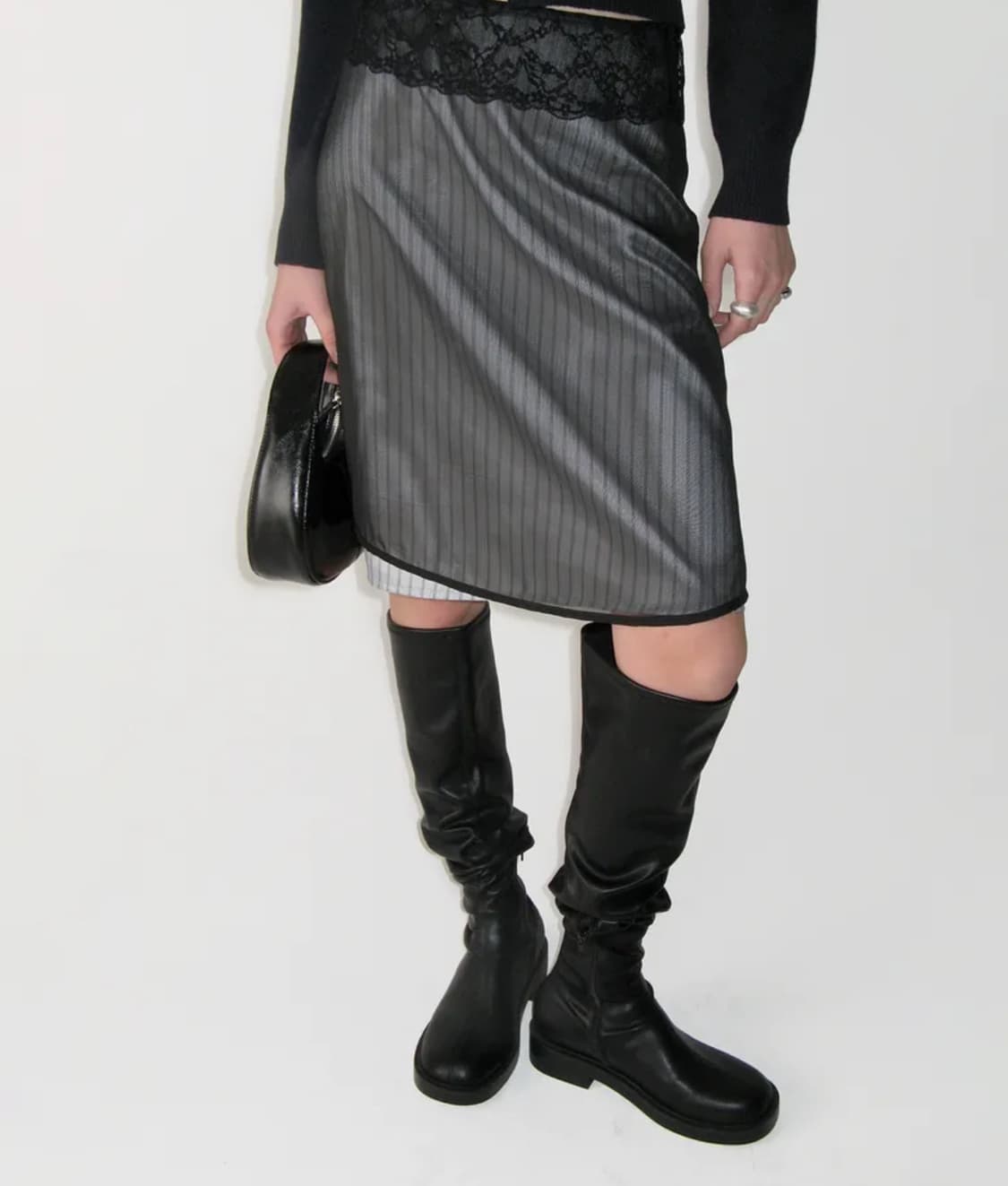 Lace Layered Midi Skirt, BLACK 상품이미지2
