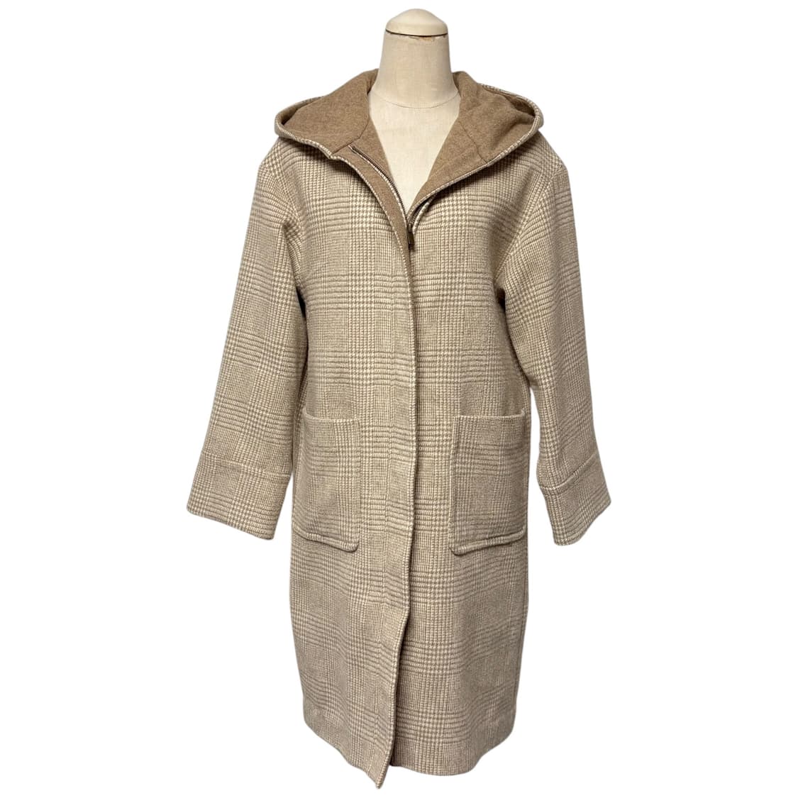 3678 브라운 체크 모직 후드롱코트 상품이미지1