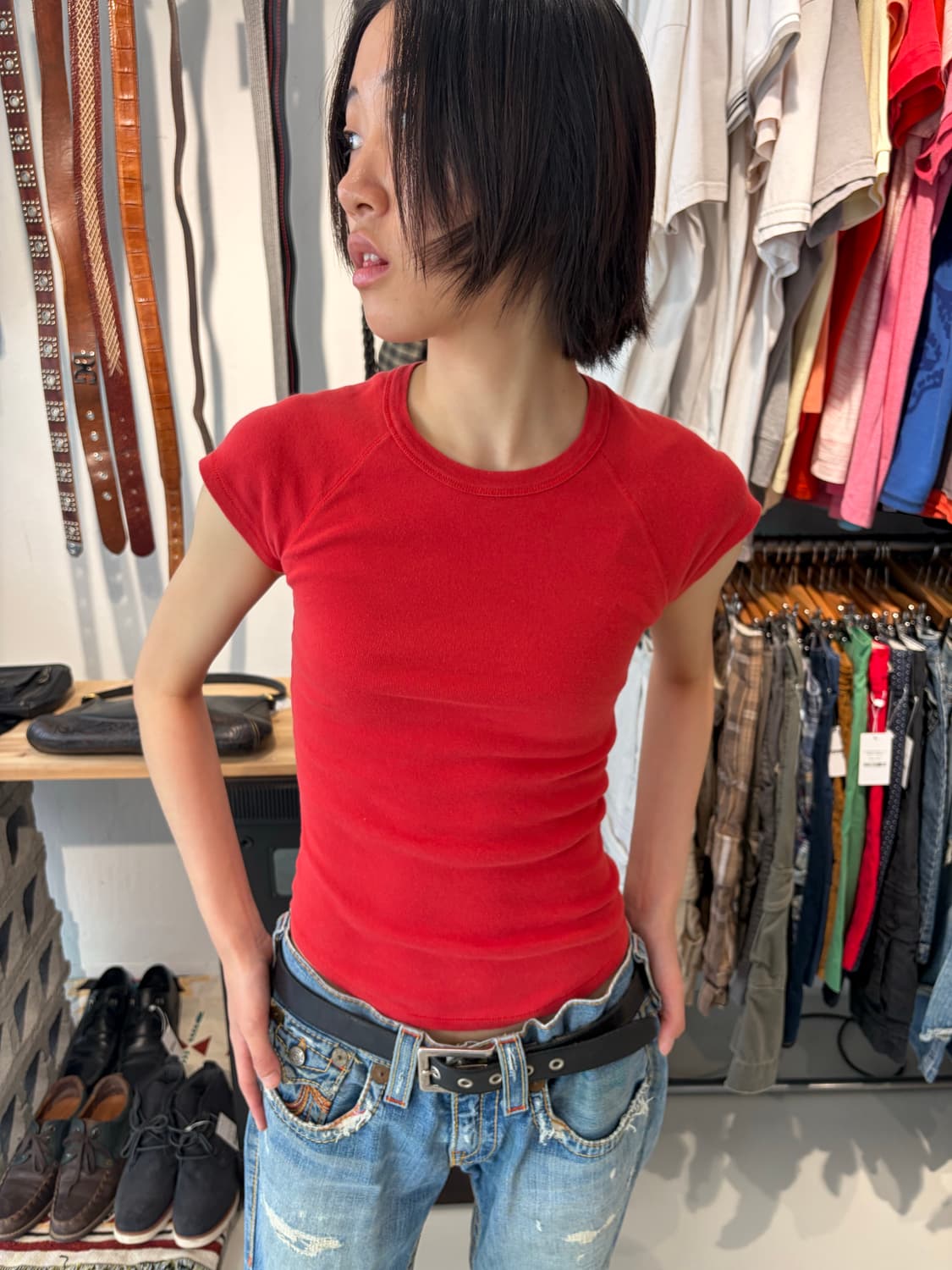 Benetton 레드 캡소매 반팔 티셔츠 S 상품이미지2