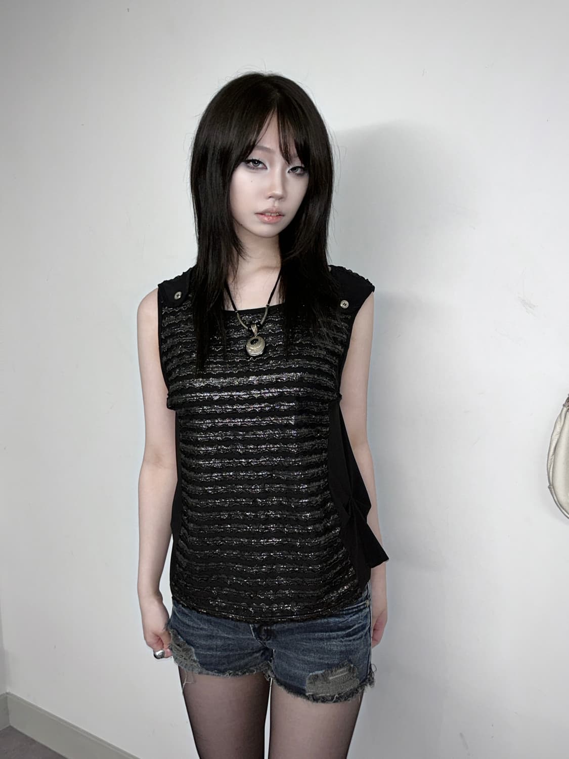Button Point Glitter Shirring Sleeveless 상품이미지3