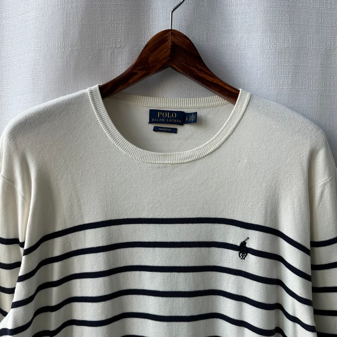 폴로 랄프로렌 피마 코튼 스트라이프 라운드 니트 화이트 네이비 L 상품이미지4