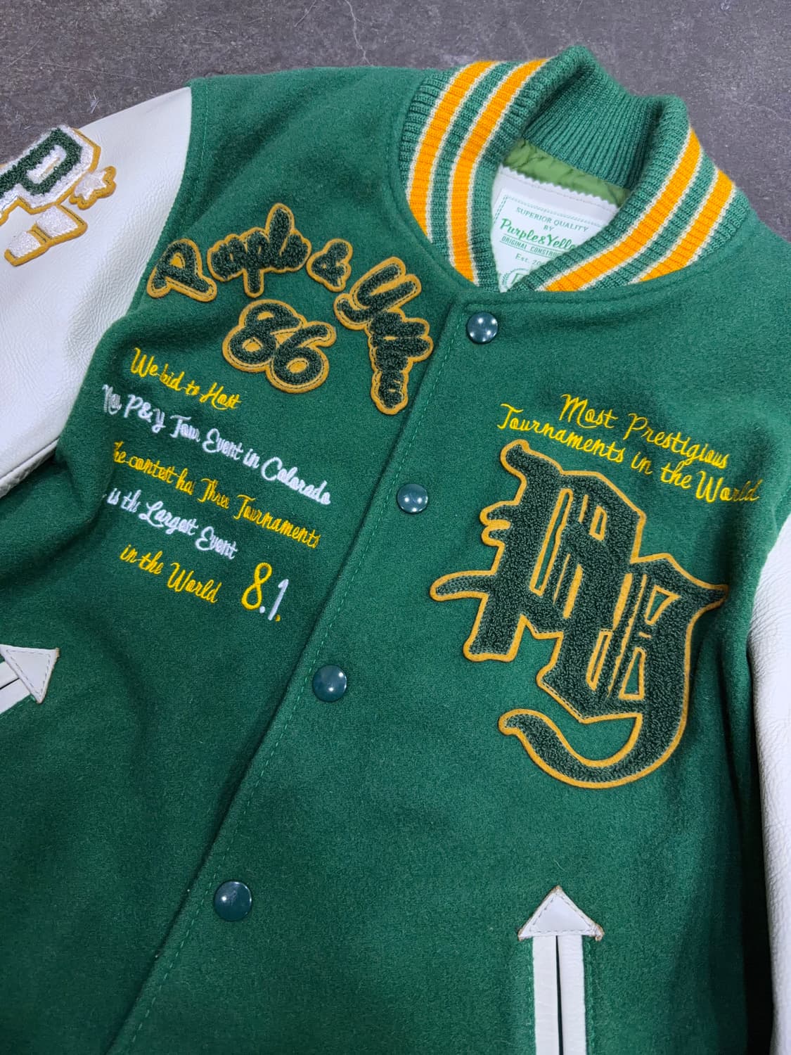 Purple&Yellow 부클 자수 소가죽 배색 스타장 바시티자켓 S 상품이미지4